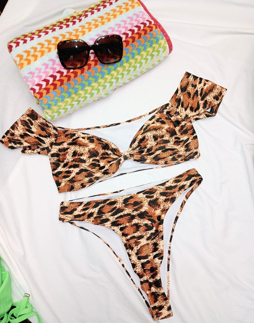 Amazon - Leopard Print Off Shoulder Top & High Cut Thong Bikini Set - Sz S